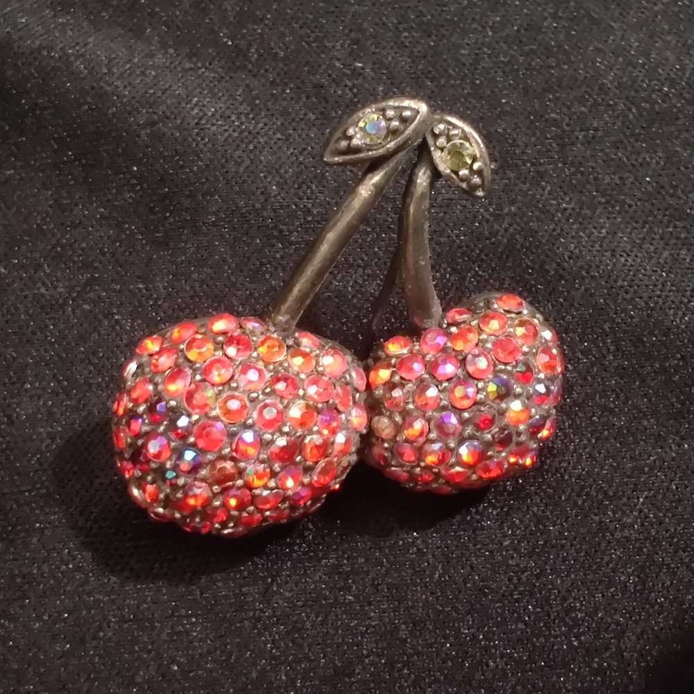 Vintage Red Pave Rhinestone Cherry Brooch Bronze